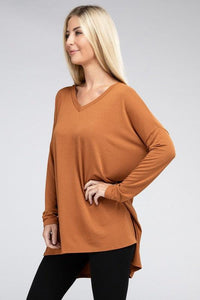 Dolman Long Sleeve V-Neck Side Slit Hi-Low Hem Top - Happily Ever Atchison Shop Co.