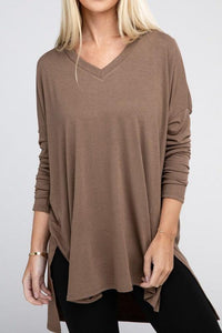 Dolman Long Sleeve V-Neck Side Slit Hi-Low Hem Top - Happily Ever Atchison Shop Co.