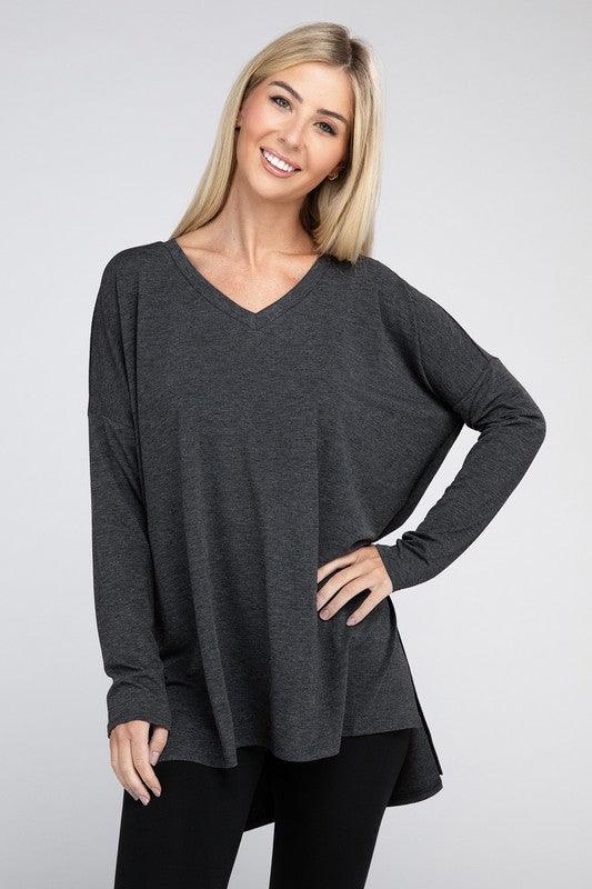 Dolman Long Sleeve V-Neck Side Slit Hi-Low Hem Top - Happily Ever Atchison Shop Co.