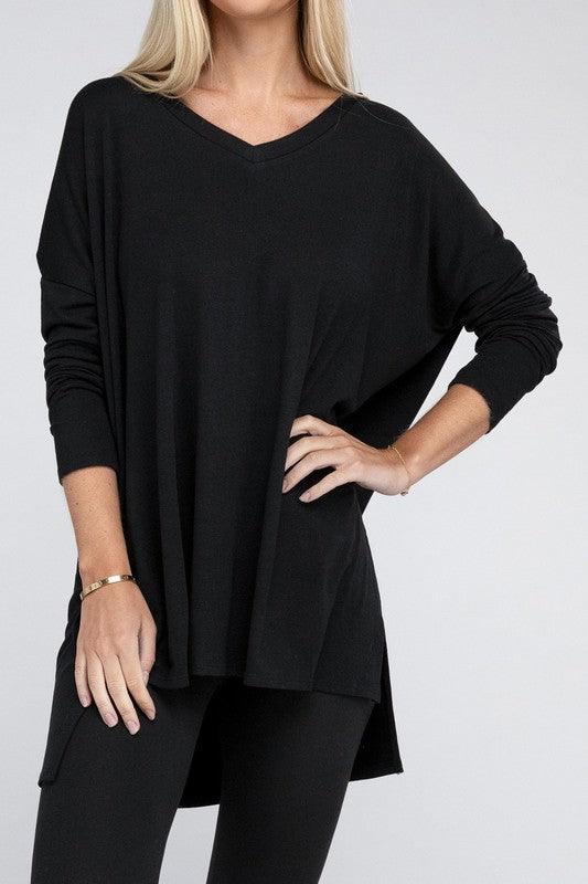 Dolman Long Sleeve V-Neck Side Slit Hi-Low Hem Top - Happily Ever Atchison Shop Co.