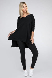 Dolman Long Sleeve V-Neck Side Slit Hi-Low Hem Top - Happily Ever Atchison Shop Co.