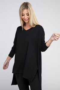 Dolman Long Sleeve V-Neck Side Slit Hi-Low Hem Top - Happily Ever Atchison Shop Co.