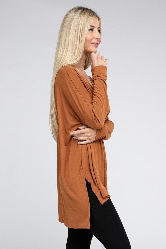 Dolman Long Sleeve V-Neck Side Slit Hi-Low Hem Top - Happily Ever Atchison Shop Co.