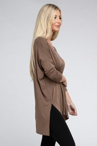 Dolman Long Sleeve V-Neck Side Slit Hi-Low Hem Top - Happily Ever Atchison Shop Co.