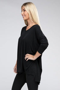 Dolman Long Sleeve V-Neck Side Slit Hi-Low Hem Top - Happily Ever Atchison Shop Co.