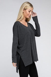 Dolman Long Sleeve V-Neck Side Slit Hi-Low Hem Top - Happily Ever Atchison Shop Co.