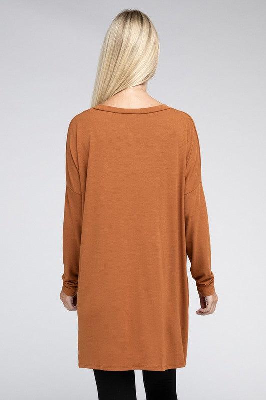 Dolman Long Sleeve V-Neck Side Slit Hi-Low Hem Top - Happily Ever Atchison Shop Co.