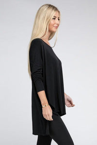 Dolman Long Sleeve V-Neck Side Slit Hi-Low Hem Top - Happily Ever Atchison Shop Co.