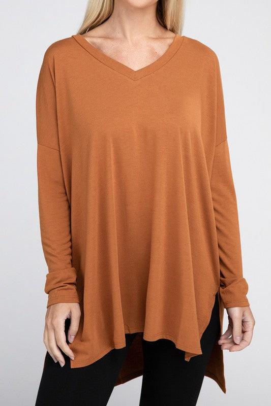 Dolman Long Sleeve V-Neck Side Slit Hi-Low Hem Top - Happily Ever Atchison Shop Co.