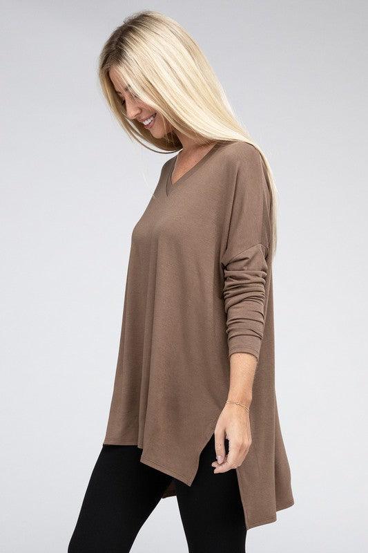 Dolman Long Sleeve V-Neck Side Slit Hi-Low Hem Top - Happily Ever Atchison Shop Co.