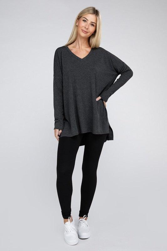 Dolman Long Sleeve V-Neck Side Slit Hi-Low Hem Top - Happily Ever Atchison Shop Co.