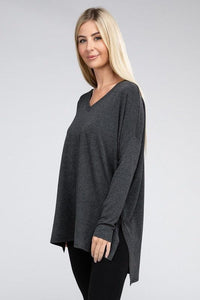 Dolman Long Sleeve V-Neck Side Slit Hi-Low Hem Top - Happily Ever Atchison Shop Co.