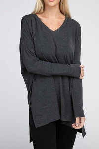 Dolman Long Sleeve V-Neck Side Slit Hi-Low Hem Top - Happily Ever Atchison Shop Co.