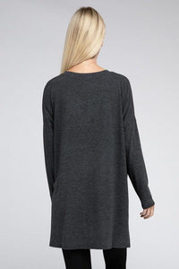 Dolman Long Sleeve V-Neck Side Slit Hi-Low Hem Top - Happily Ever Atchison Shop Co.