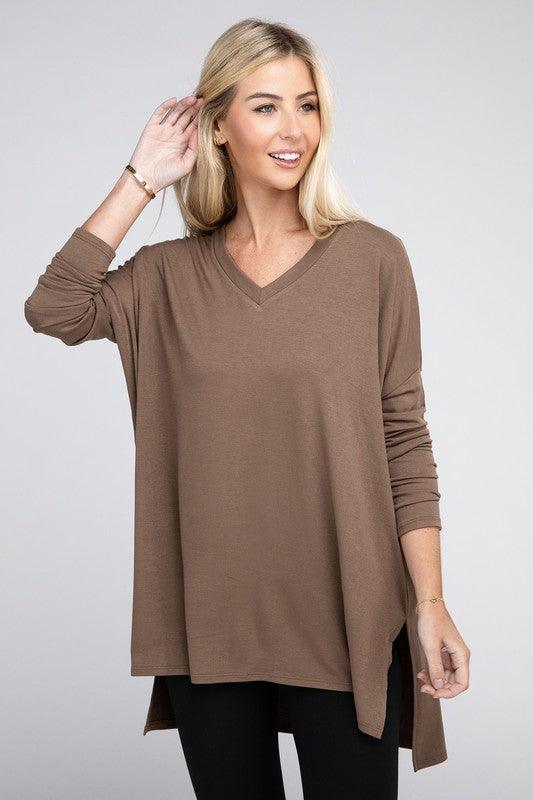 Dolman Long Sleeve V-Neck Side Slit Hi-Low Hem Top - Happily Ever Atchison Shop Co.