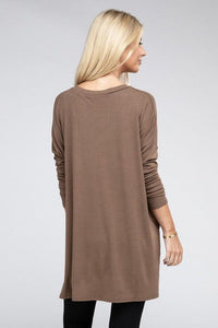 Dolman Long Sleeve V-Neck Side Slit Hi-Low Hem Top - Happily Ever Atchison Shop Co.