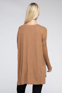 Dolman Long Sleeve V-Neck Side Slit Hi-Low Hem Top - Happily Ever Atchison Shop Co.