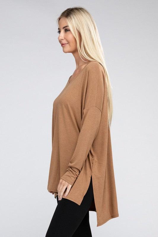 Dolman Long Sleeve V-Neck Side Slit Hi-Low Hem Top - Happily Ever Atchison Shop Co.