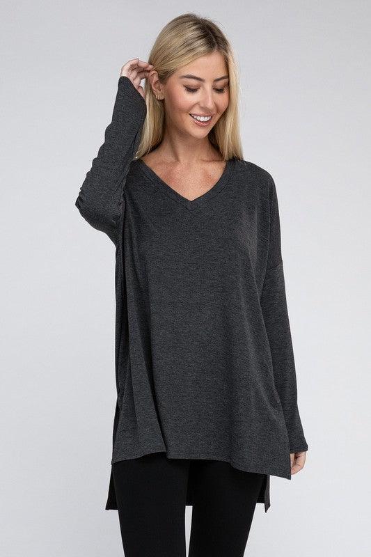 Dolman Long Sleeve V-Neck Side Slit Hi-Low Hem Top - Happily Ever Atchison Shop Co.