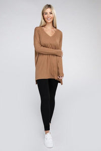 Dolman Long Sleeve V-Neck Side Slit Hi-Low Hem Top - Happily Ever Atchison Shop Co.