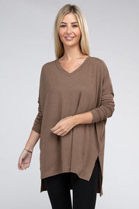 Dolman Long Sleeve V-Neck Side Slit Hi-Low Hem Top - Happily Ever Atchison Shop Co.