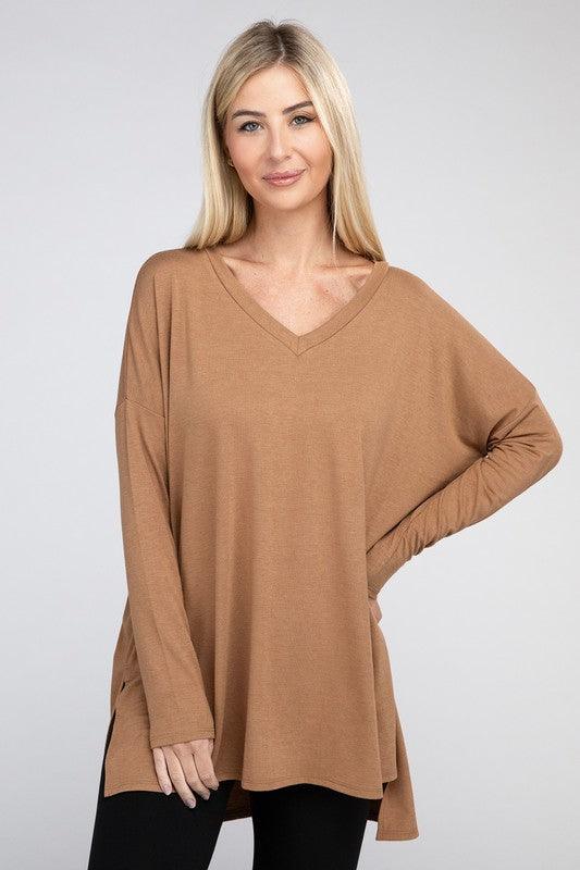 Dolman Long Sleeve V-Neck Side Slit Hi-Low Hem Top - Happily Ever Atchison Shop Co.