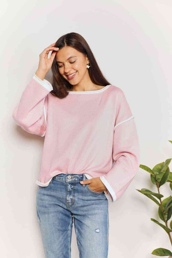 Double Take Contrast Detail Dropped Shoulder Knit Top - Happily Ever Atchison Shop Co.