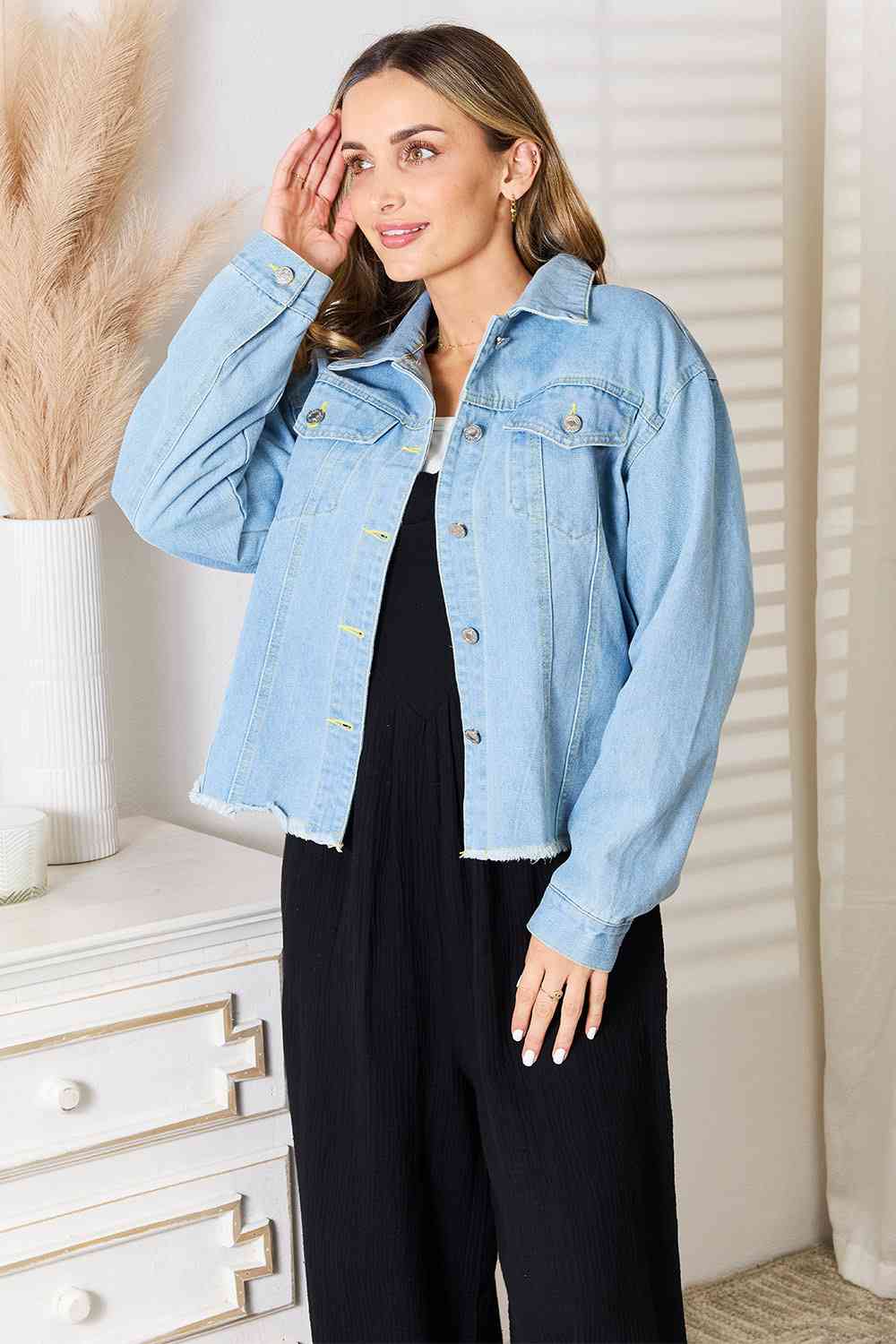 Double Take Dropped Shoulder Raw Hem Denim Jacket - Happily Ever Atchison Shop Co.