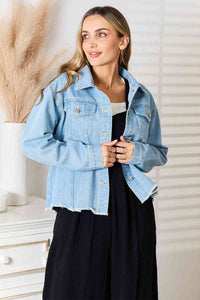 Double Take Dropped Shoulder Raw Hem Denim Jacket - Happily Ever Atchison Shop Co.