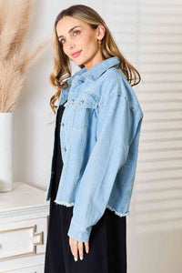 Double Take Dropped Shoulder Raw Hem Denim Jacket - Happily Ever Atchison Shop Co.