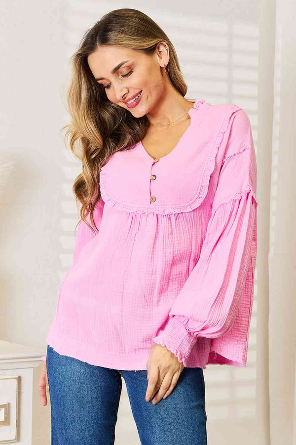 Double Take Exposed Seam Buttoned Notched Neck Blouse - Happily Ever Atchison Shop Co.