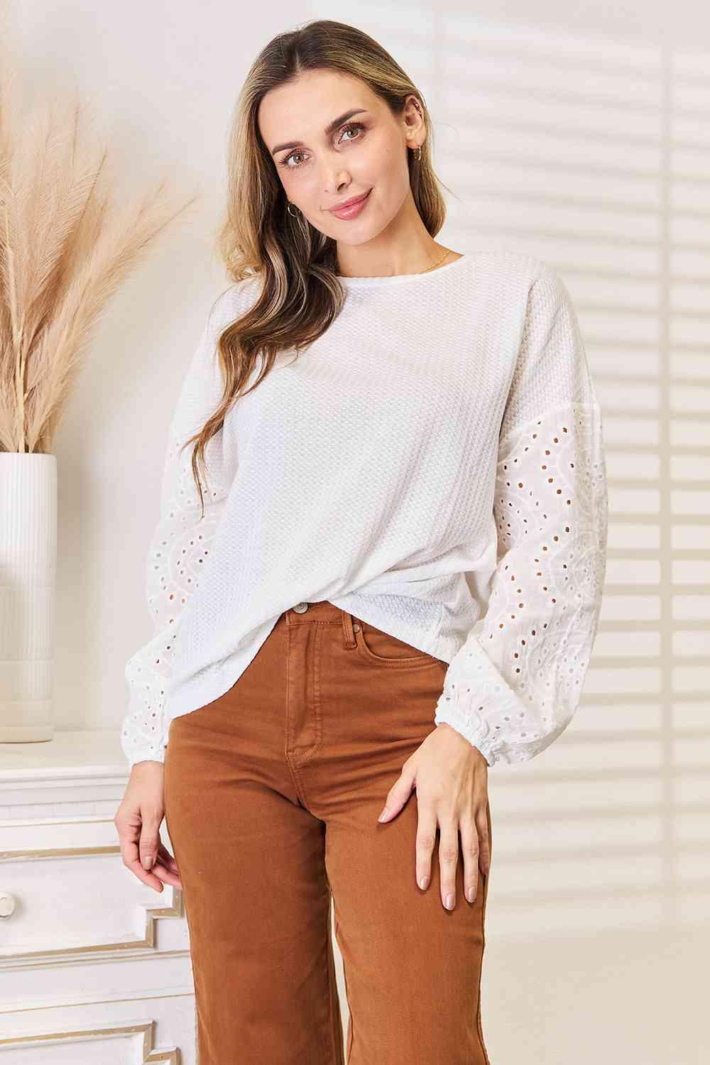 Double Take Eyelet Dropped Shoulder Round Neck Blouse - Happily Ever Atchison Shop Co.
