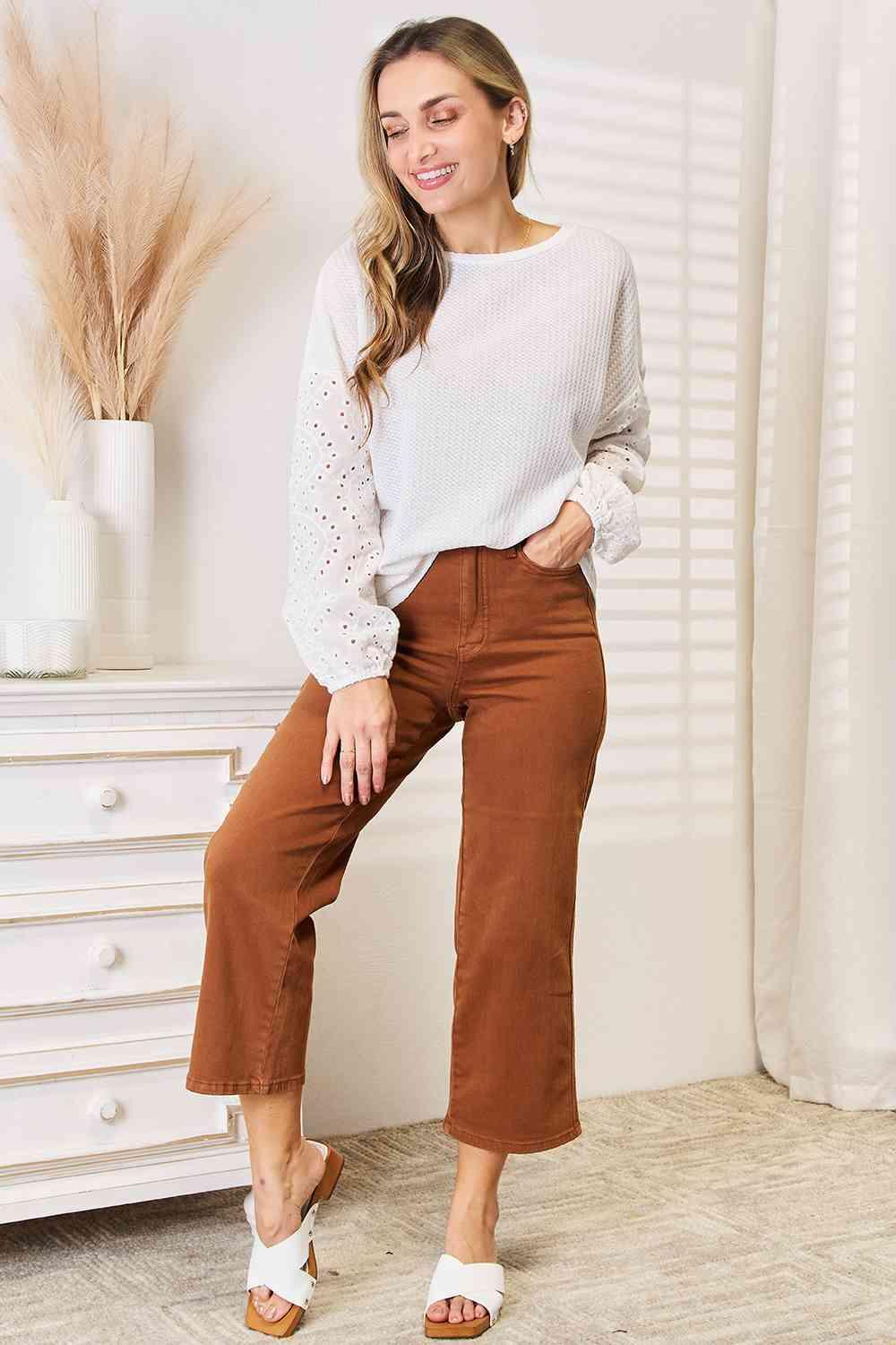 Double Take Eyelet Dropped Shoulder Round Neck Blouse - Happily Ever Atchison Shop Co.