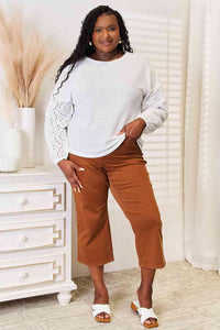 Double Take Eyelet Dropped Shoulder Round Neck Blouse - Happily Ever Atchison Shop Co.