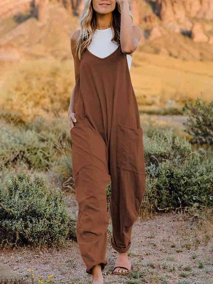 Double Take Full Size Sleeveless V - Neck Pocketed Jumpsuit - Happily Ever Atchison Shop Co.