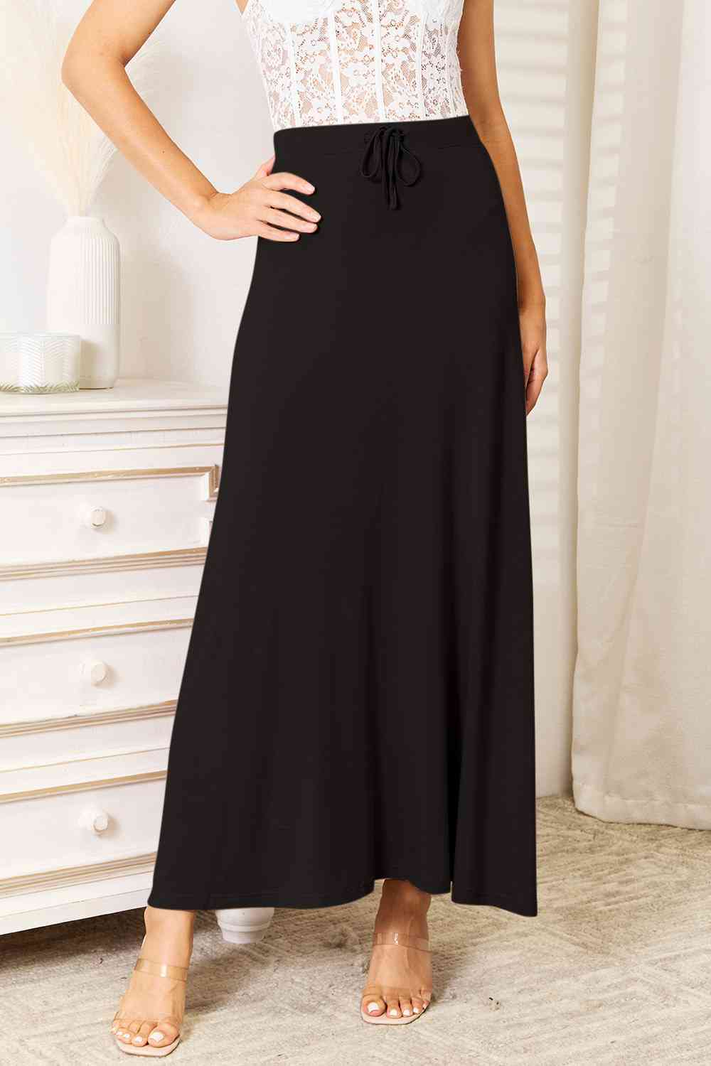 Double Take Full Size Soft Rayon Drawstring Waist Maxi Skirt Rayon - Happily Ever Atchison Shop Co.