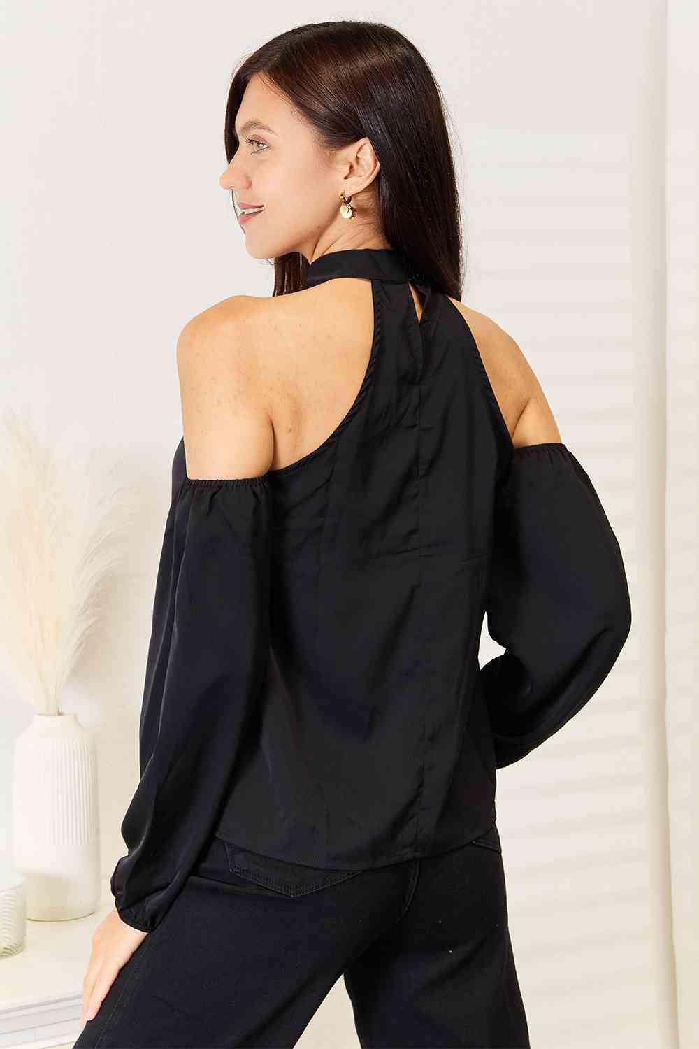 Double Take Grecian Cold Shoulder Long Sleeve Blouse - Happily Ever Atchison Shop Co.