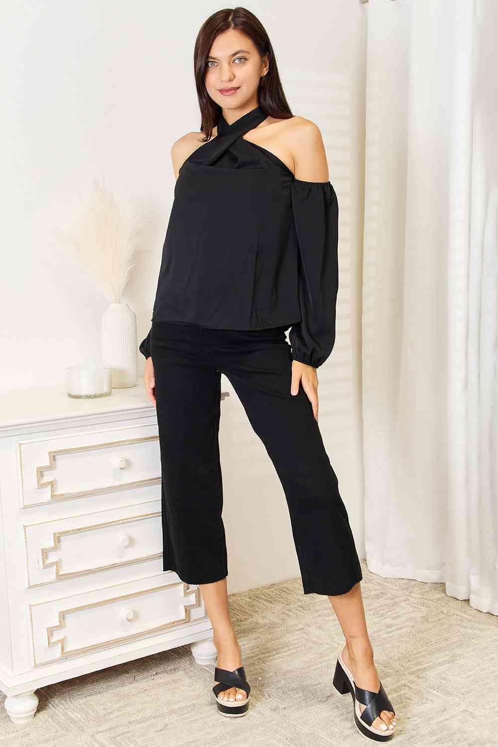 Double Take Grecian Cold Shoulder Long Sleeve Blouse - Happily Ever Atchison Shop Co.