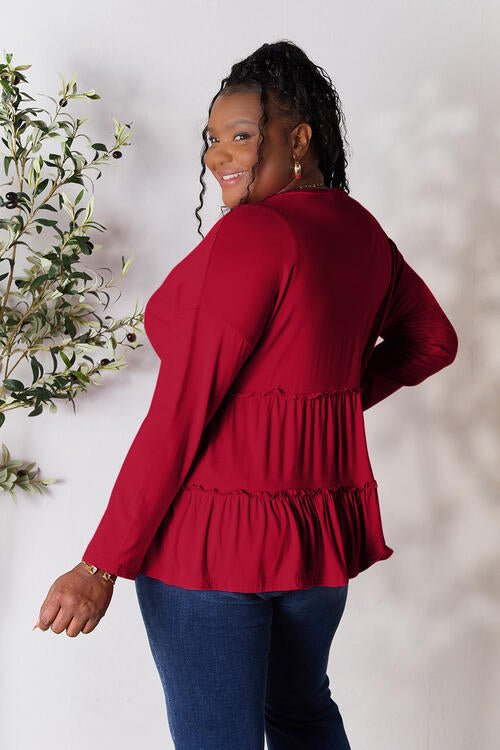 Double Take Half Button Long Sleeve Ruffle Hem Blouse - Happily Ever Atchison Shop Co.