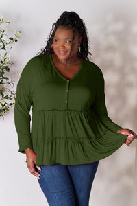 Double Take Half Button Long Sleeve Ruffle Hem Blouse - Happily Ever Atchison Shop Co.