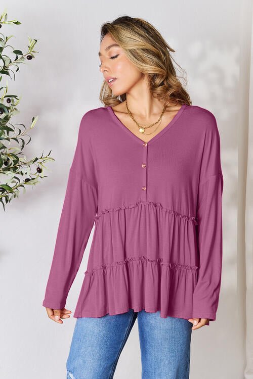 Double Take Half Button Long Sleeve Ruffle Hem Blouse - Happily Ever Atchison Shop Co.