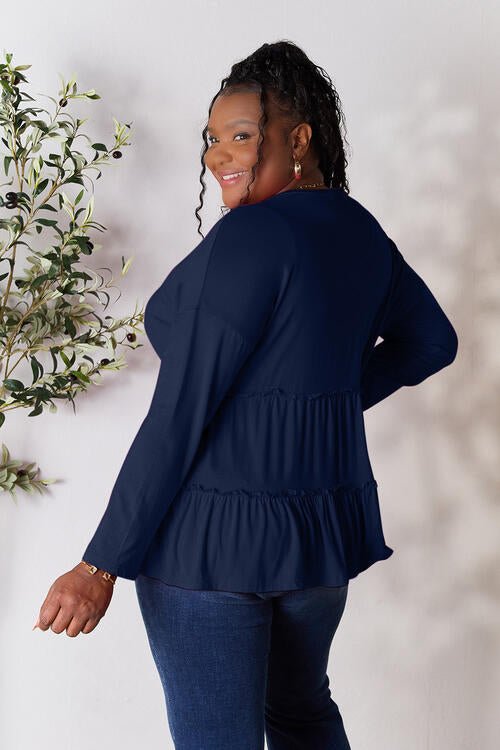 Double Take Half Button Long Sleeve Ruffle Hem Blouse - Happily Ever Atchison Shop Co.