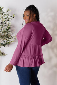 Double Take Half Button Long Sleeve Ruffle Hem Blouse - Happily Ever Atchison Shop Co.