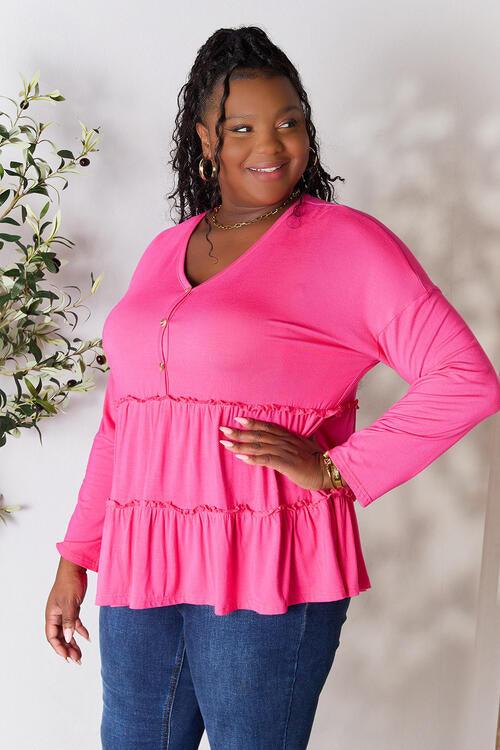 Double Take Half Button Long Sleeve Ruffle Hem Blouse - Happily Ever Atchison Shop Co.