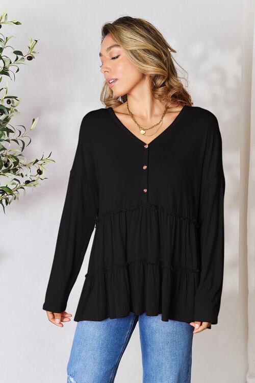 Double Take Half Button Long Sleeve Ruffle Hem Blouse - Happily Ever Atchison Shop Co.