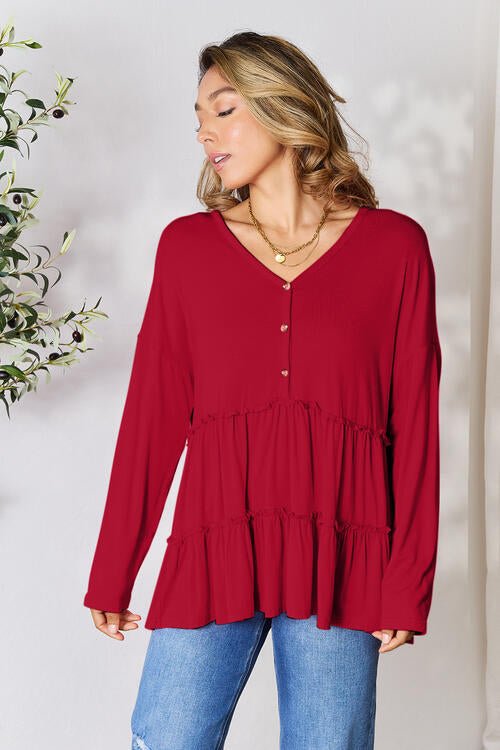 Double Take Half Button Long Sleeve Ruffle Hem Blouse - Happily Ever Atchison Shop Co.