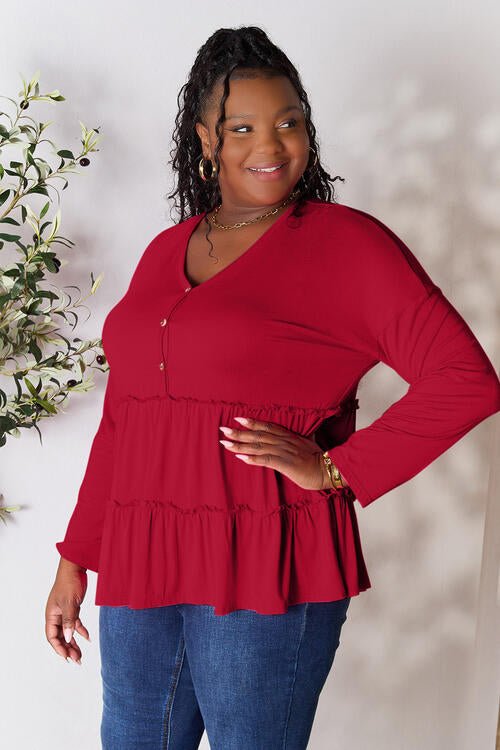 Double Take Half Button Long Sleeve Ruffle Hem Blouse - Happily Ever Atchison Shop Co.