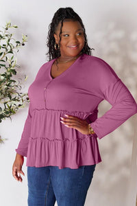 Double Take Half Button Long Sleeve Ruffle Hem Blouse - Happily Ever Atchison Shop Co.