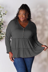 Double Take Half Button Long Sleeve Ruffle Hem Blouse - Happily Ever Atchison Shop Co.