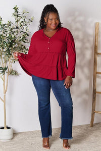 Double Take Half Button Long Sleeve Ruffle Hem Blouse - Happily Ever Atchison Shop Co.